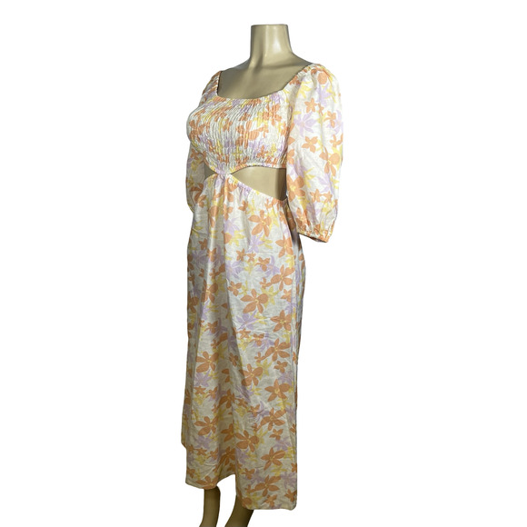 Quiksilver Kara Floral Cut Out Dress Womens Small Off White Puff Sleeve Linen - Picture 4 of 15